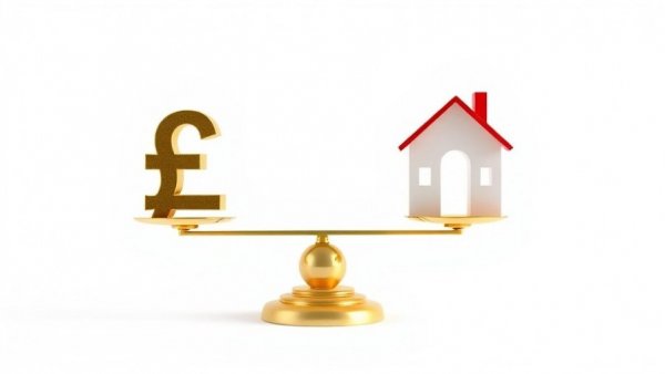 Economic balance concept with pound symbol and house on scale.