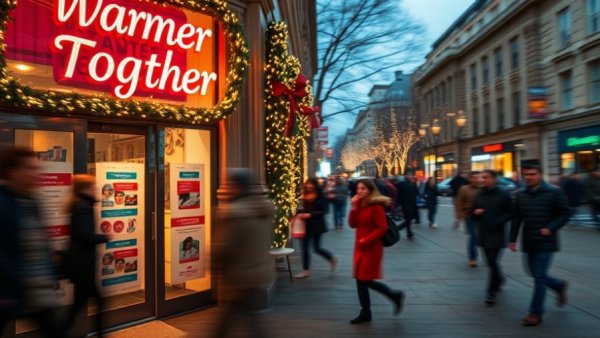 Pedestrians pass a festive store with a neon sign, city hustle.