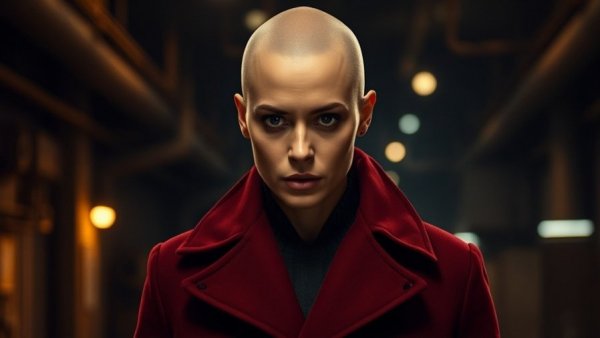 Bald woman in red coat in dramatic setting for Bugonia movie score.