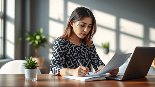 Professional woman working on end-of-year credit card checklist in office.