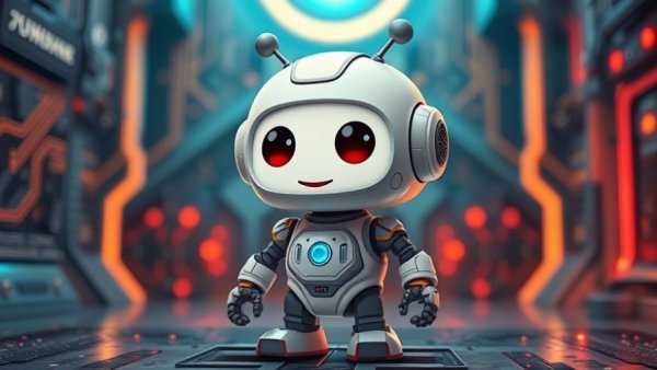 Cartoon robot standing in a futuristic setting, vibrant design.