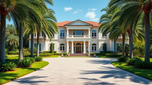 West Palm Beach luxury mansion with dramatic driveway and palm trees.