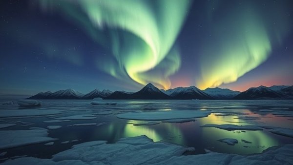 Northern lights over icy landscape, serene scene with reflective water.
