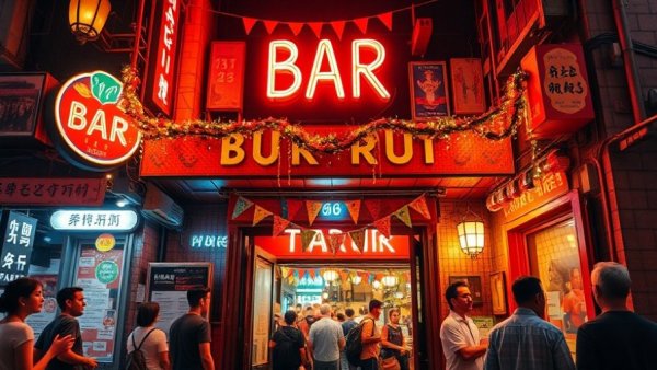 Vibrant UNESCO Cities of Gastronomy night bar scene.