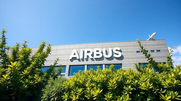 Airbus headquarters building facade under clear blue sky.