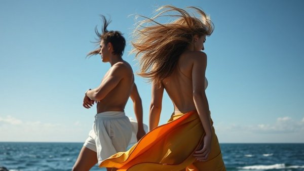 Adventure by the sea with wind-swept figures and clear skies.