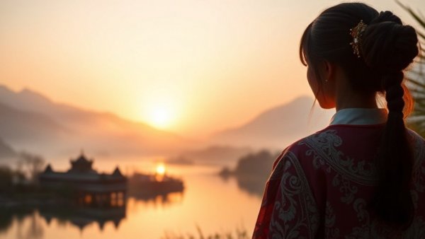 Serene sunset view, woman by the lake, warm winter vacation ideas.