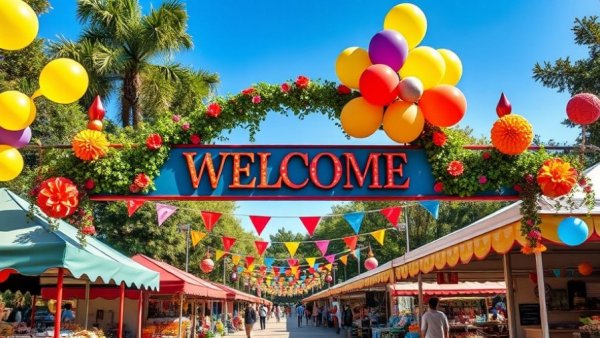 Welcome sign at Shopapalooza Festival St. Petersburg with colorful decorations.