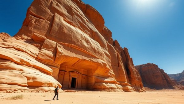 Explore AlUla’s Ancient Wonders: Ancient rock-cut monument, lone traveler.