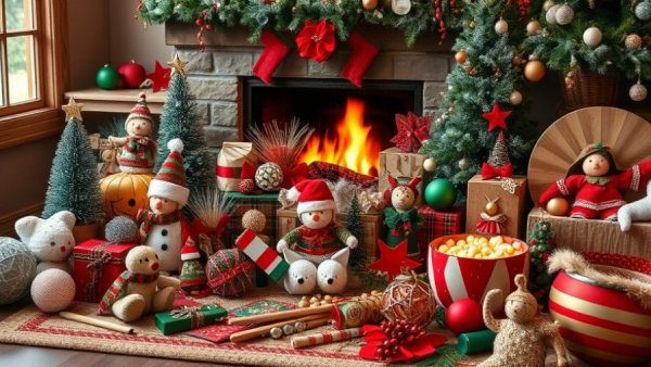 Bulk Christmas crafts with festive materials, cozy indoor setting.