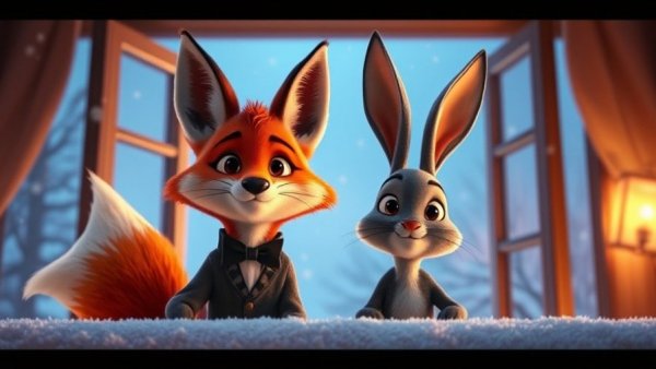 Animated fox and bunny look down from open window in snowy scene, Zootopia 2 box office success.