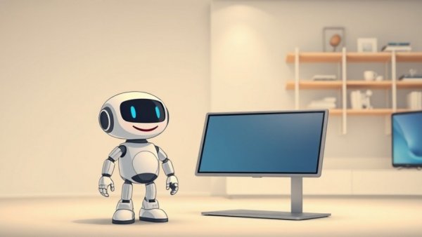 Cartoon robot with smart displays in minimalist setting, DIY Home Assistant smart displays.