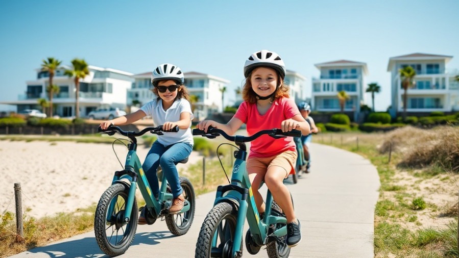 Kids riding e-bike with helmets on beach path, emphasizing e-bike safety for kids.