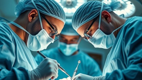 Surgical team fitting smart implants in healthcare setting, precision operation.