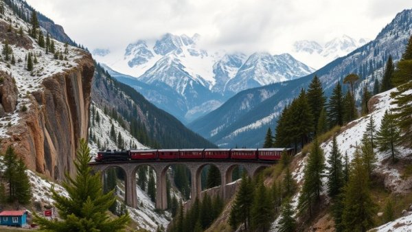 Best Travel Photos from Your Shot Challenge - train on cliff against snowy mountains.