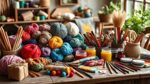 Colorful crafting supplies neatly arranged on a wooden table.