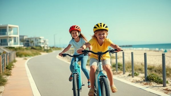 Children safely ride electric bicycle along beach path, showcasing safety measures.