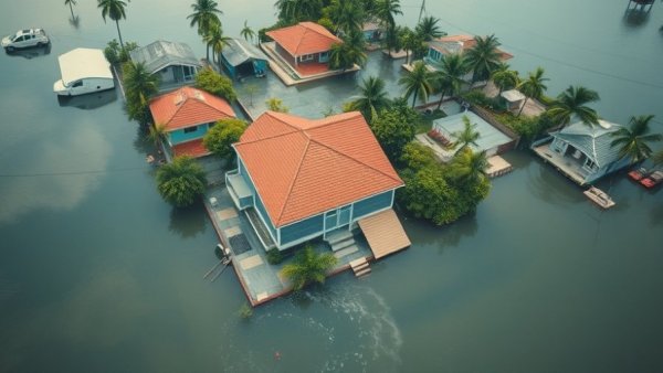 Aerial view of flood-hit neighborhood with a 'House For Sale' sign.