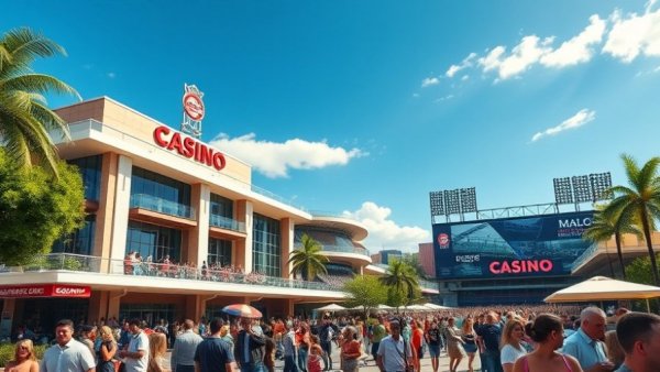 Modern casino near Mets stadium with park and visitors under blue sky.