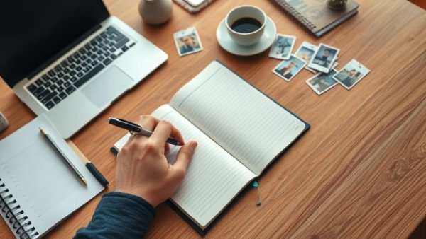 Workspace setup for skills development with notebook and laptop.