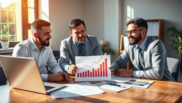 Business meeting on growth trends 2026 with charts and laptop.