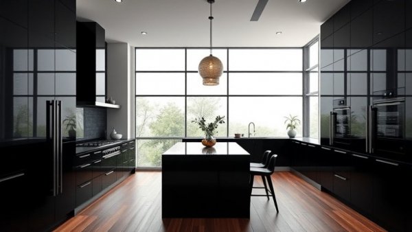 Sleek modern black kitchen design ideas with wooden flooring.