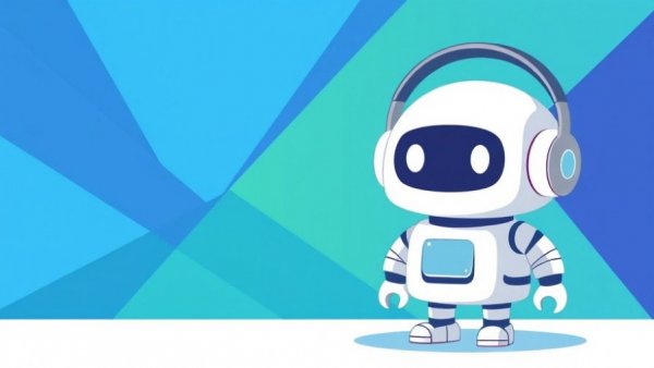 Cartoon robot with headphones and abstract background.