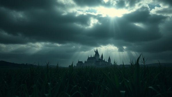 A magical castle under ominous clouds with a cornfield in the foreground.