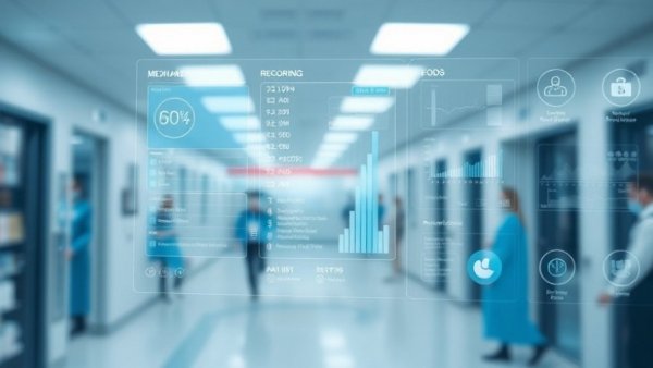 Modern medical display showing electronic records, technology integration in nursing workflows.