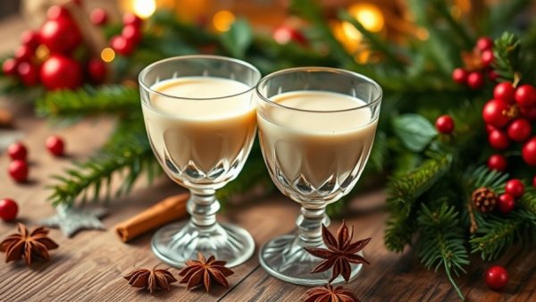 Crystal glasses of eggnog with holiday spices and pine branches, festive setting.