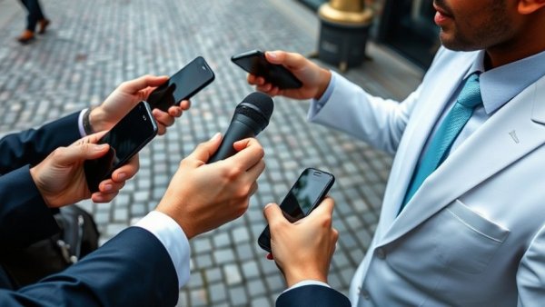 Hands conducting an interview with microphones and smartphones in an urban setting.