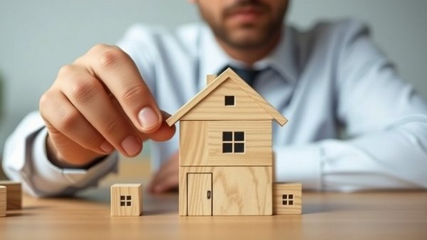 Businessman assembling house puzzle with mortgage blocks, financial theme.