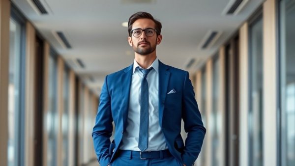 Confident businessman contemplating AI business restructuring strategies in a modern office.