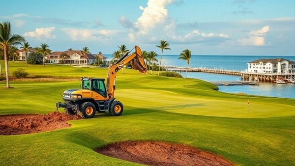 Construction equipment restoring Treasure Bay Golf Course by the waterfront.