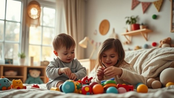 Mother and child organizing toys in a cozy bedroom.
