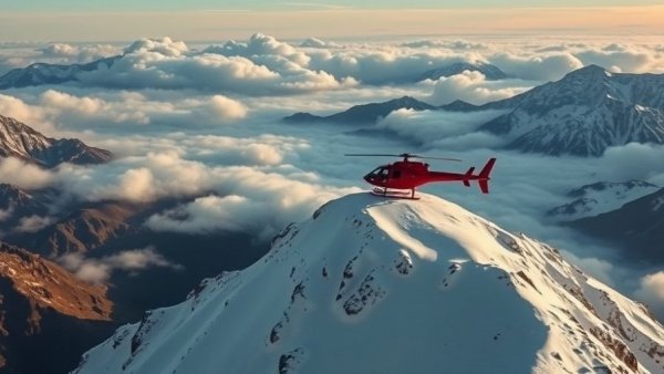 Helicopter on snowy peak amidst rugged mountains for heli-skiing in Albania.