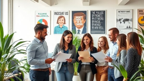 Diverse professionals discussing effective employee survey techniques in office.