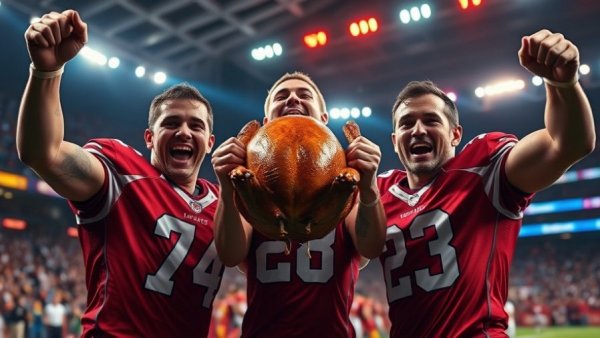 Thanksgiving NFL celebration with players holding a turkey.