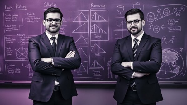 Two executives in discussion with strategic chalkboard backdrop.