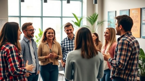 Team engaged in lively discussion, office setting with good survey answers examples.