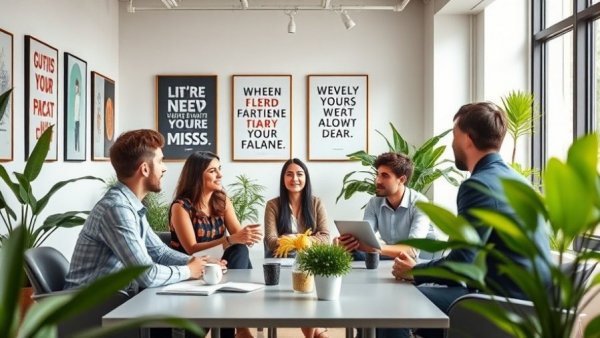 Young professionals in an office discussing good survey answers examples.