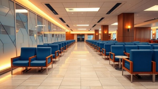 Luxurious airport lounge with patterned panels and soft lighting.
