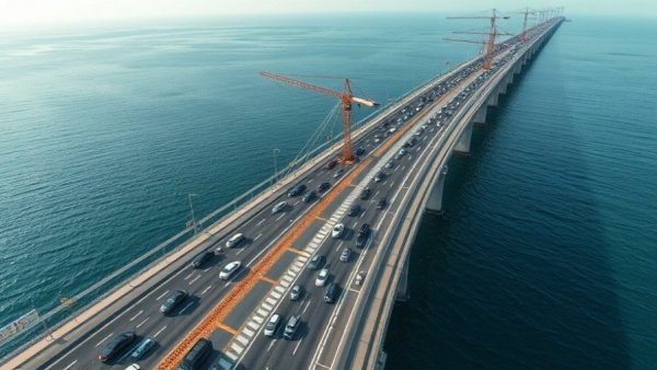 Aerial view of highway bridge under construction over ocean waters, highlighting traffic and safety.