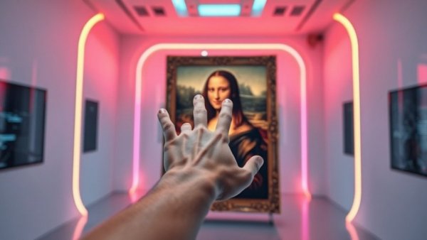 Digital Mona Lisa interaction in futuristic gallery, showcasing artistry.