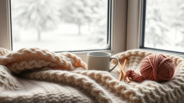 Cozy winter scene with warm drink and knitting near snowy window for winterizing your home.