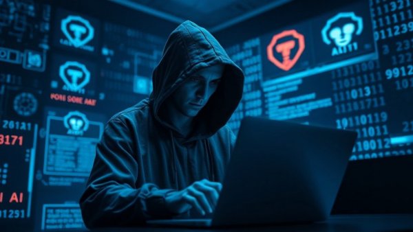 AI security risks in OT networks with hooded figure and cyber symbols.