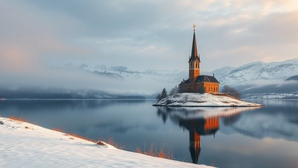 Winter mountain landscape with church, great for travel destinations in January.