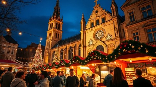 Bustling Christmas market in Europe, illuminated by string lights.