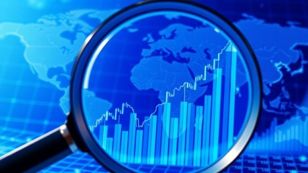 Abstract financial graph with magnifying glass, stock market analytics.