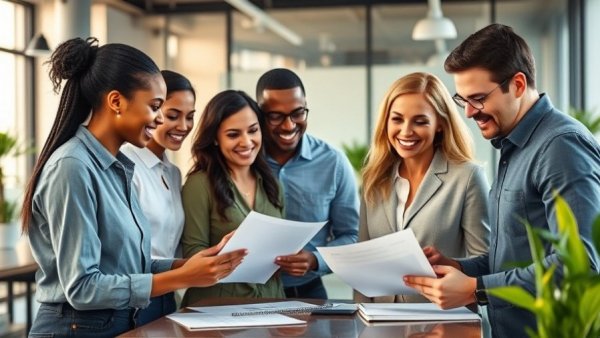 Diverse employees reviewing documents, employers background checks discussion.